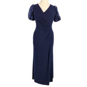 Lauren Ralph Lauren Sequined Puff Sleeve Evening Dress Gown Size 8 Navy Blue